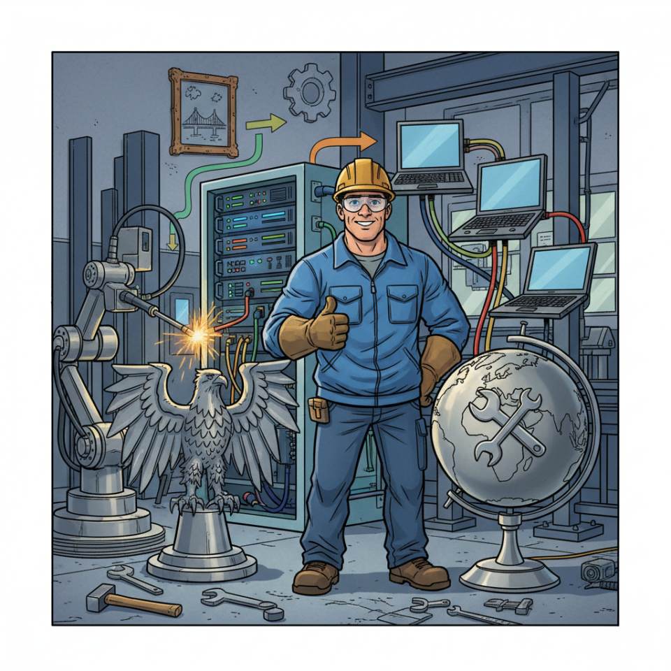 Ilustración tipo cómic de un constructor metálico con casco y equipo de soldadura junto a un marco de acero en el taller de metal