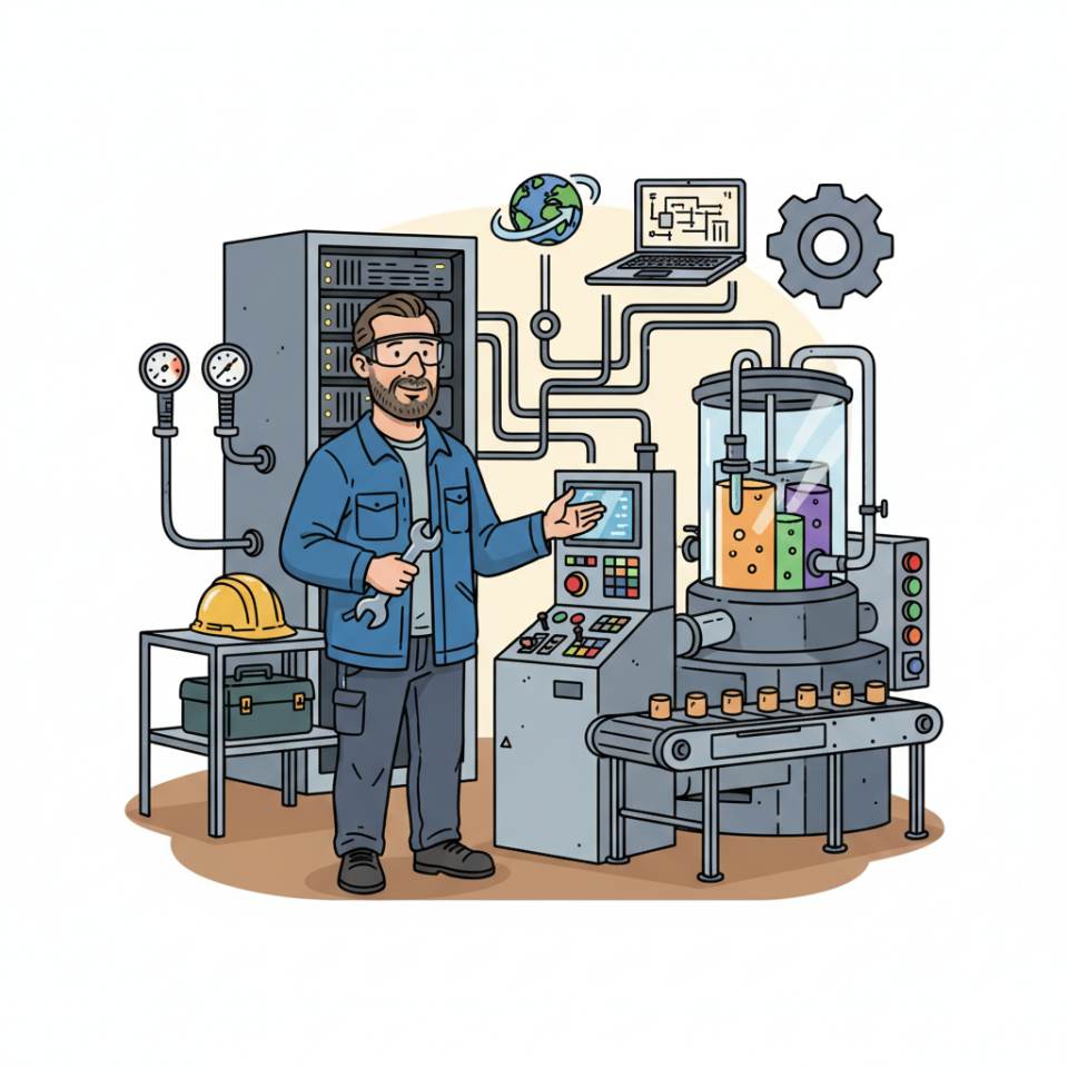 Ilustración tipo cómic de un mecánico de procesos con casco y gafas de seguridad junto a una planta de producción de plásticos