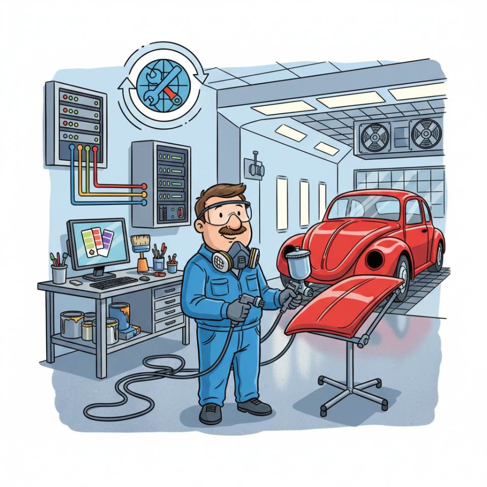 Комікс-зображення маляра-лакувальника з фарбопультом і захисним спорядженням біля автомобіля в фарбувальній камері